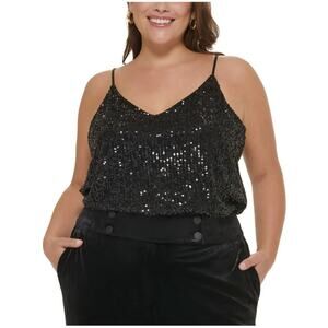 Calvin Klein Black Party Sequins Spaghetti Strap V-Neck Camisole Top Plus 3X NWT